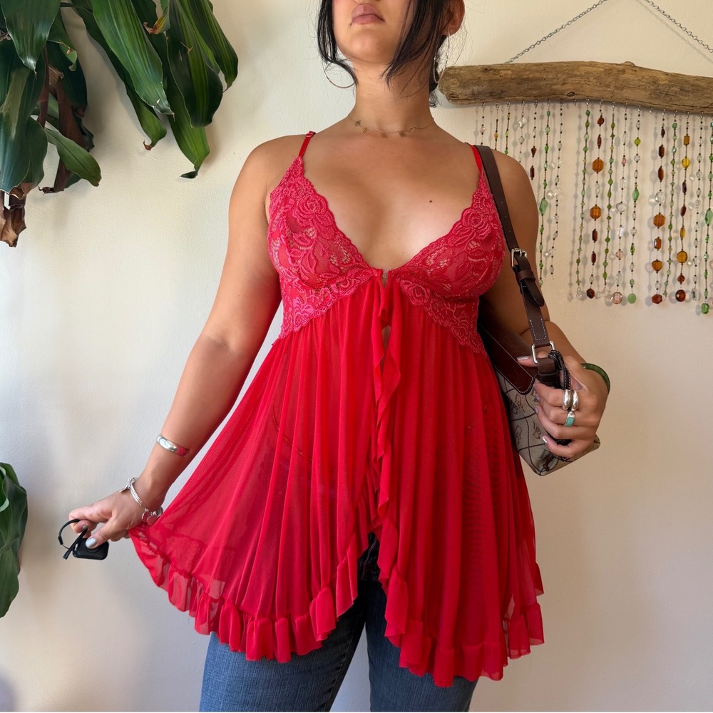 Red Lace Mesh Babydoll Split Front Ruffle Hem Fairy Grunge Vampy Whimsigoth L